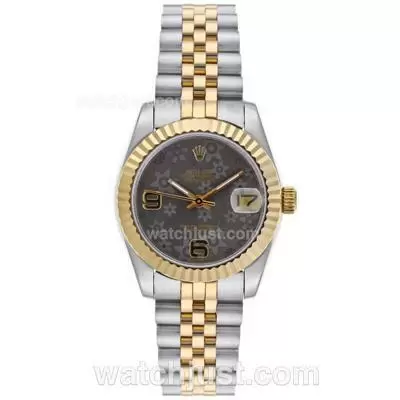 Rolex Datejust Automatic Two Tone With Gray Floral Motif Dial Mid Size