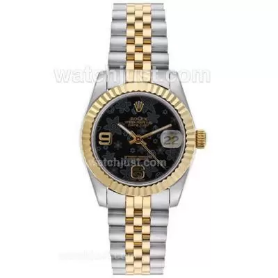 Rolex Datejust Automatic Two Tone With Black Floral Motif Dial Mid Size