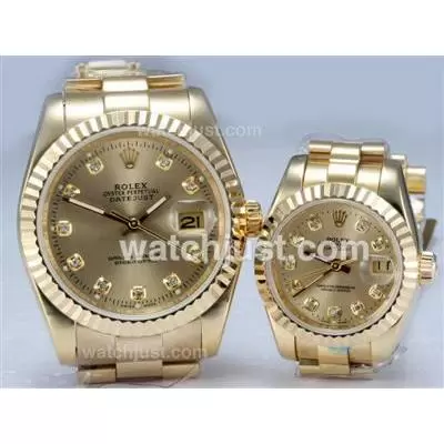 Rolex Datejust Automatic Full Gold Diamond Markers With Golden Dial Couple Watch