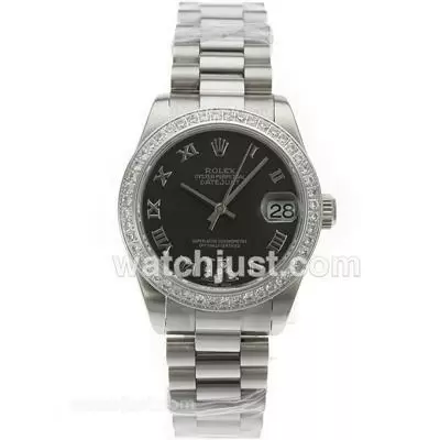 Rolex Datejust Automatic Movement Diamond Bezel Roman Markers With Black Dial S/s Mid Size