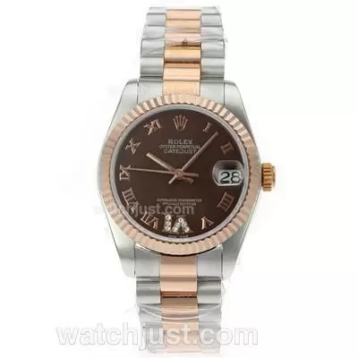 Rolex Datejust Automatic Movement Two Tone Roman Markers With Brown Dial S/s Mid Size