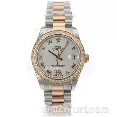 Rolex Datejust Automatic Movement Two Tone Diamond Bezel Roman Markers With White Dial S/s Mid Size