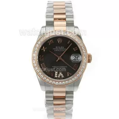 Rolex Datejust Automatic Movement Two Tone Diamond Bezel Roman Markers With Black Dial S/s Mid Size