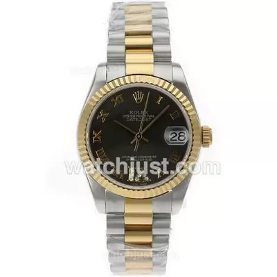 Rolex Datejust Automatic Movement Two Tone Roman Markers With Black Dial S/s Mid Size