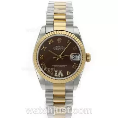 Rolex Datejust Automatic Movement Two Tone Roman Markers With Brown Dial S/s Mid Size