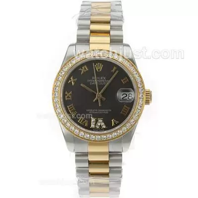 Rolex Datejust Automatic Movement Two Tone Diamond Bezel Roman Markers With Black Dial S/s Mid Size