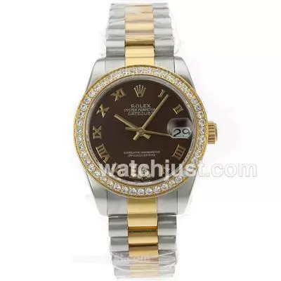 Rolex Datejust Automatic Movement Two Tone Diamond Bezel Roman Markers With Brown Dial S/s Mid Size