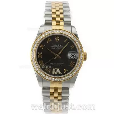 Rolex Datejust Automatic Movement Two Tone Diamond Bezel Roman Markers With Black Dial S/s Mid Size