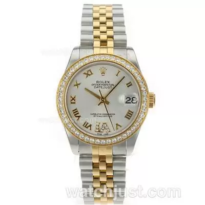 Rolex Datejust Automatic Movement Two Tone Diamond Bezel Roman Markers With White Dial S/s Mid Size