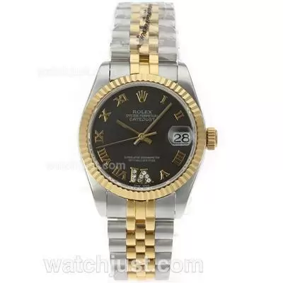 Rolex Datejust Automatic Movement Two Tone Roman Markers With Black Dial S/s Mid Size