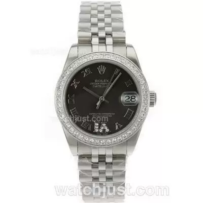 Rolex Datejust Automatic Movement Diamond Bezel Roman Markers With Black Dial S/s Mid Size