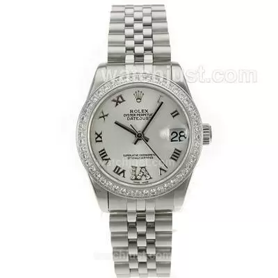 Rolex Datejust Automatic Movement Diamond Bezel Roman Markers With White Dial S/s Mid Size