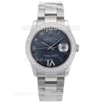 Rolex Datejust Automatic Movement Diamond Bezel Roman Markers With Black Mop Dial S/s Mid Size