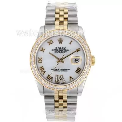 Rolex Datejust Automatic Movement Two Tone Diamond Bezel Roman Markers With White Dial S/s Mid Size