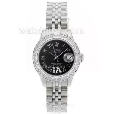 Rolex Datejust Automatic Movement Diamond Bezel Roman Markers With Black Dial S/s Lady Size