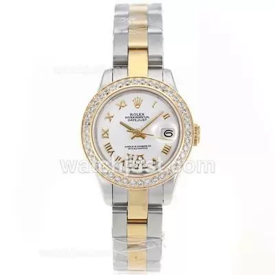 Rolex Datejust Automatic Movement Two Tone Diamond Bezel Roman Markers With White Dial S/s Lady Size