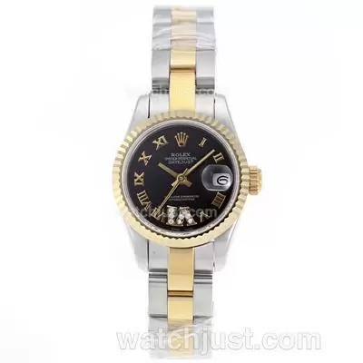 Rolex Datejust Automatic Movement Two Tone Roman Markers With Black Dial S/s Lady Size