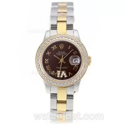 Rolex Datejust Automatic Movement Two Tone Diamond Bezel Roman Markers With Brown Dial S/s Lady Size