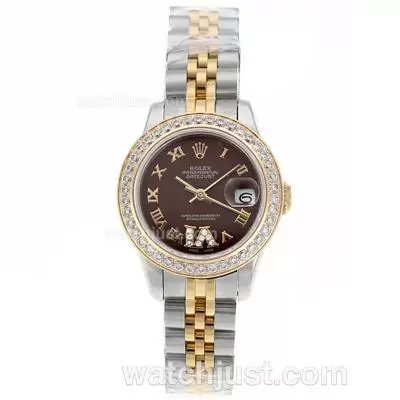 Rolex Datejust Automatic Movement Two Tone Diamond Bezel Roman Markers With Brown Dial S/s Lady Size