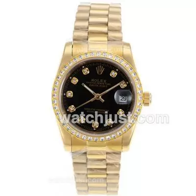 Rolex Datejust Automatic Full Gold Diamond Marking And Bezel With Black Dial Sapphire Glass