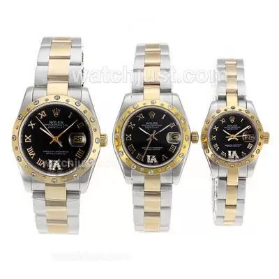 Rolex Datejust Automatic Two Tone Diamond Bezel Roman Markers With Black Dial Sapphire Glass