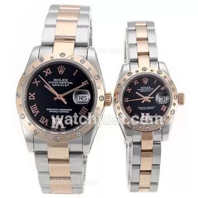 Rolex Datejust Automatic Two Tone Diamond Bezel Roman Markers With Black Dial Sapphire Glass