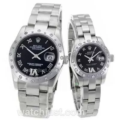 Rolex Datejust Automatic Diamond Bezel Roman Markers With Black Dial S/s Sapphire Glass