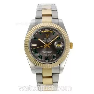 Rolex Day Date Ii Automatic Two Tone Green Roman Markers With Gray Dial