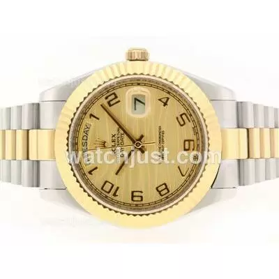 Rolex Day Date Ii Automatic Movement Two Tone Number Markers With Golden Wave Dial 41mm Version