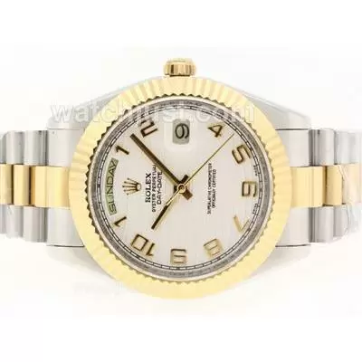 Rolex Day Date Ii Automatic Movement Two Tone Number Markers With White Wave Dial