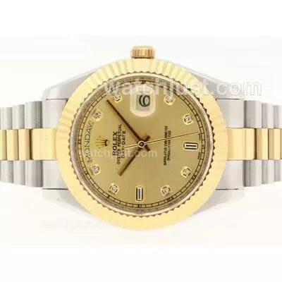 Rolex Day Date Ii Automatic Movement Two Tone Diamond Markers With Golden Dial 41mm Version