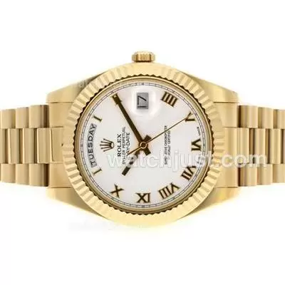 Rolex Day Date Ii Automatic Movement Full Gold Roman Markers With White Dial