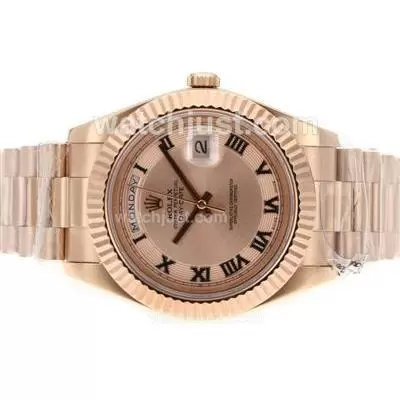 Rolex Day Date Ii Automatic Movement Full Rose Gold Roman Markers With Champagne Dial