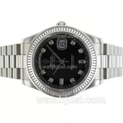 Rolex Day Date Ii Automatic Movement Cz Diamond Bezel Diamond Markers With Black Dial