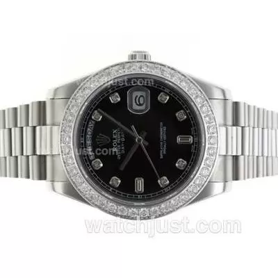 Rolex Day Date Ii Automatic Movement Diamond Bezel And Markers With Black Dial