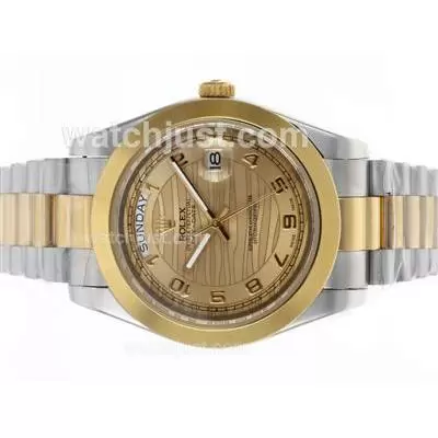 Rolex Day Date Ii Automatic Two Tone Number Markers With Golden Wave Dial