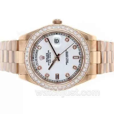 Rolex Day Date Ii Automatic Movement Full Rose Gold Diamond Bezel And Markers With White Dial