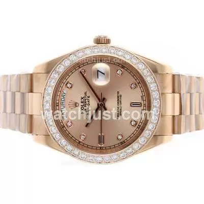 Rolex Day Date Ii Automatic Movement Full Rose Gold Diamond Bezel And Markers With Champagne Dial