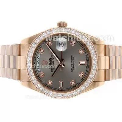 Rolex Day Date Ii Automatic Movement Full Rose Gold Diamond Bezel And Markers With Gray Dial