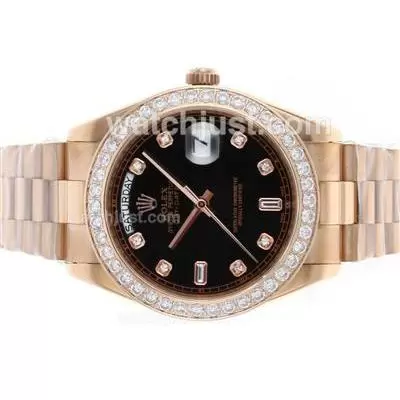 Rolex Day Date Ii Automatic Movement Full Rose Gold Diamond Bezel And Markers With Black Dial