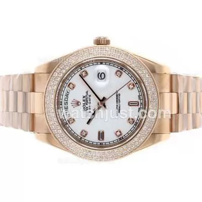 Rolex Day Date Ii Automatic Movement Full Rose Gold Diamond Bezel And Markers With White Dial