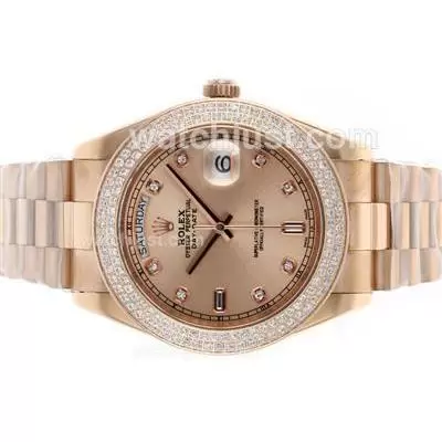 Rolex Day Date Ii Automatic Movement Full Rose Gold Diamond Bezel And Markers With Champagne Dial