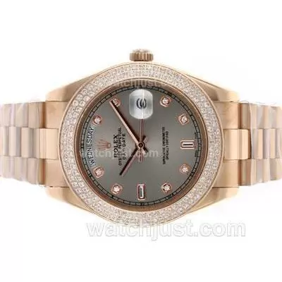 Rolex Day Date Ii Automatic Movement Full Rose Gold Diamond Bezel And Markers With Gray Dial