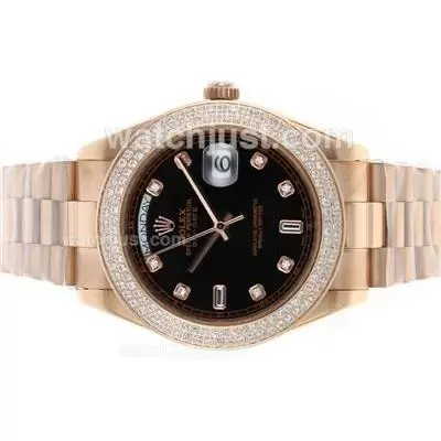 Rolex Day Date Ii Automatic Movement Full Rose Gold Diamond Bezel And Markers With Black Dial