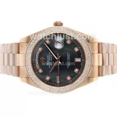 Rolex Day Date Ii Automatic Movement Full Rose Gold Diamond Bezel And Markers With Black Mop Dial