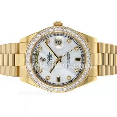 Rolex Day Date Ii Automatic Movement Full Gold Diamond Bezel And Markers With Mop Dial