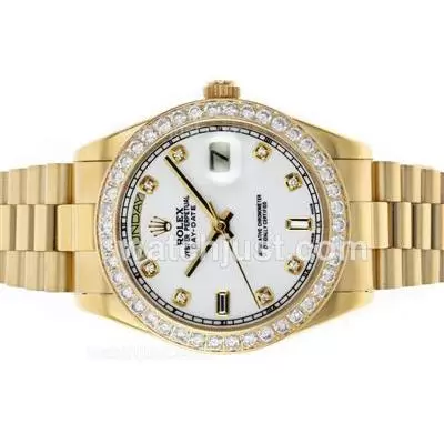 Rolex Day Date Ii Automatic Movement Full Gold Diamond Bezel And Markers With White Dial