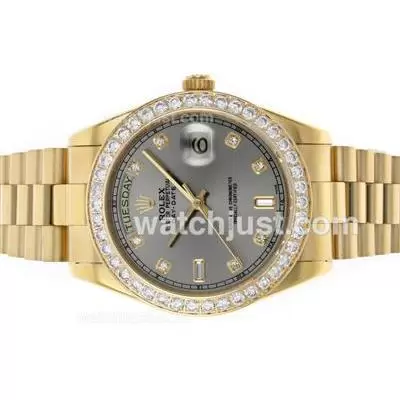 Rolex Day Date Ii Automatic Movement Full Gold Diamond Bezel And Markers With Gray Dial