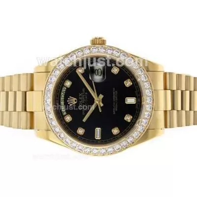 Rolex Day Date Ii Automatic Movement Full Gold Diamond Bezel And Markers With Black Dial