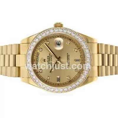 Rolex Day Date Ii Automatic Movement Full Gold Diamond Bezel And Markers With Golden Dial